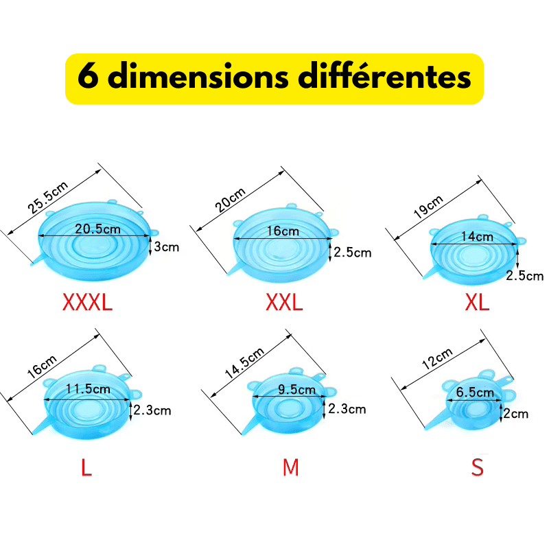 Couvercle de conservation alimentaire en silicone: Lot de 6pcs